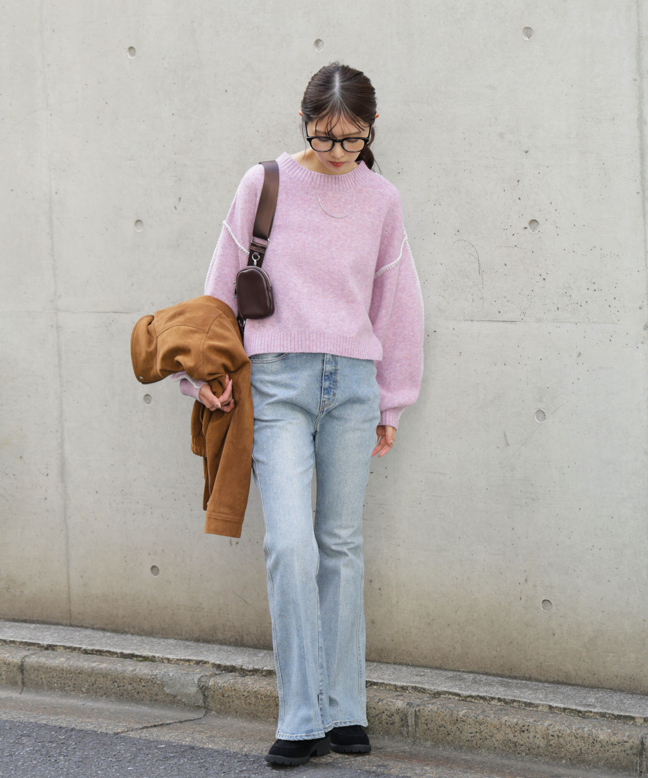  「杢ストレッチ総針配色ステッチニット」|ニット・セーター|