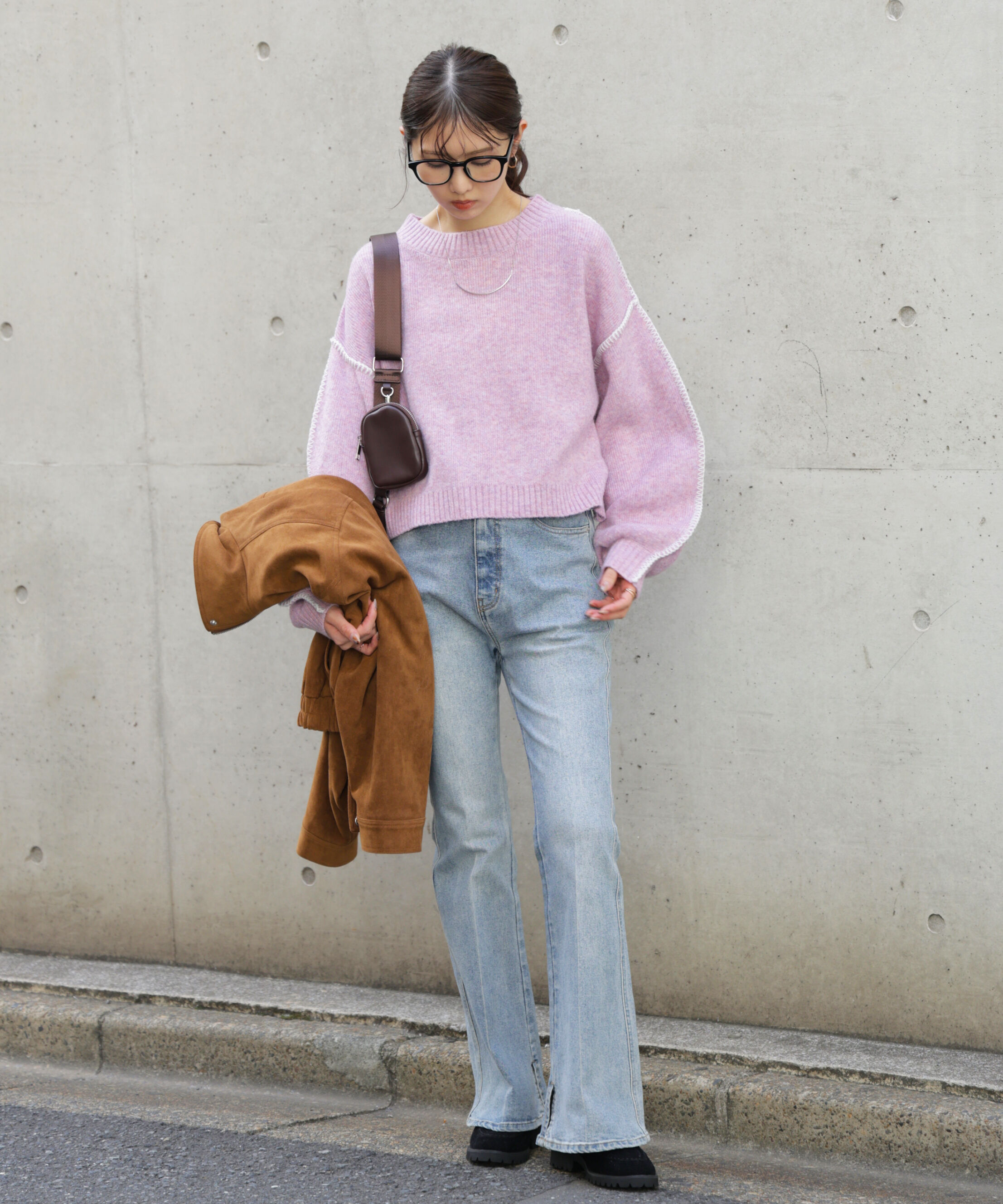  「杢ストレッチ総針配色ステッチニット」|ニット・セーター|