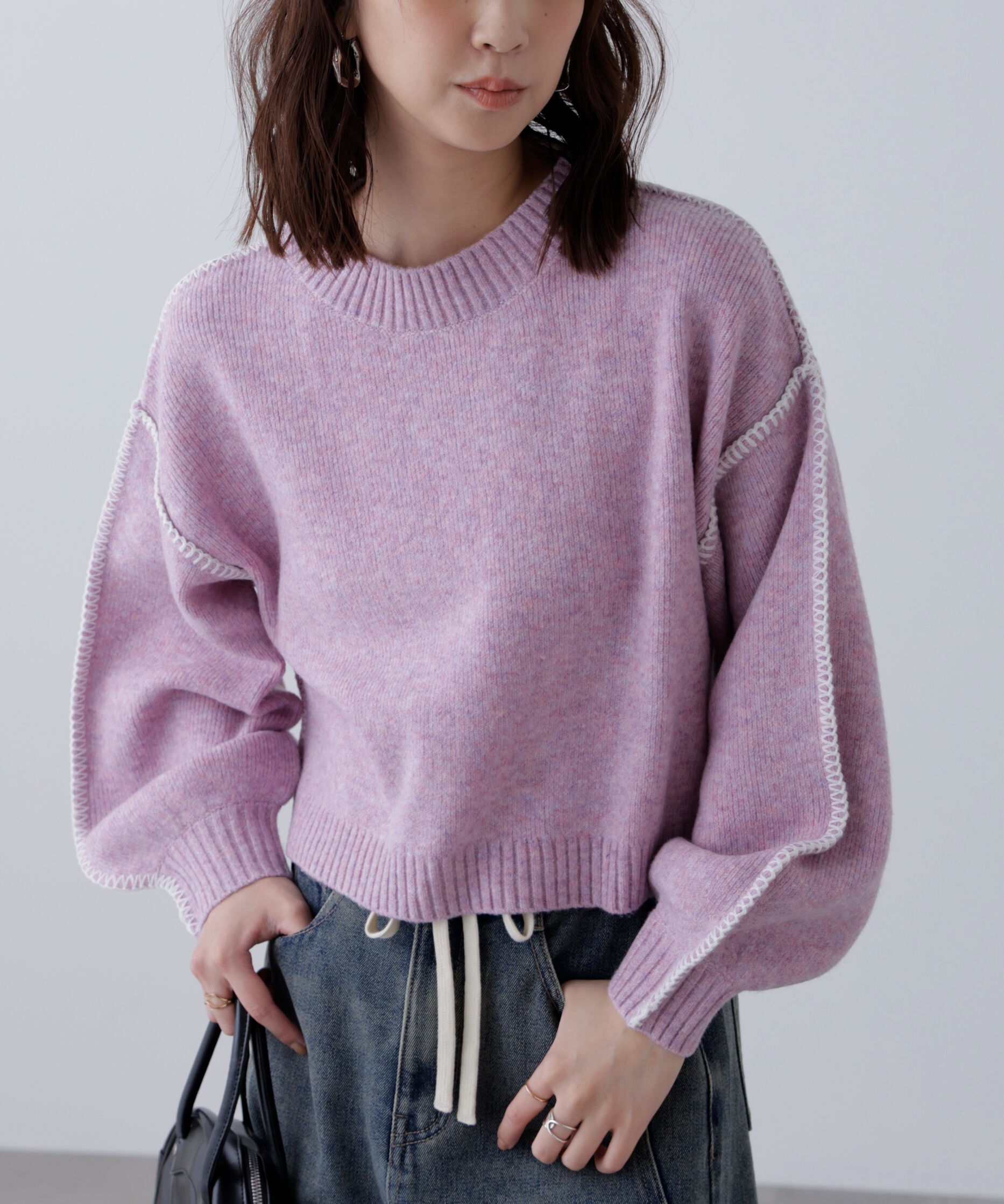  「杢ストレッチ総針配色ステッチニット」|ニット・セーター|