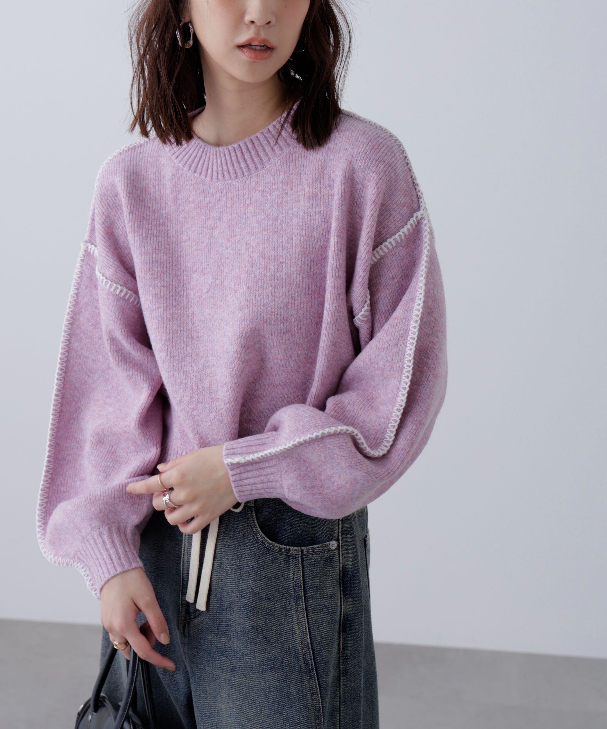  「杢ストレッチ総針配色ステッチニット」|ニット・セーター|