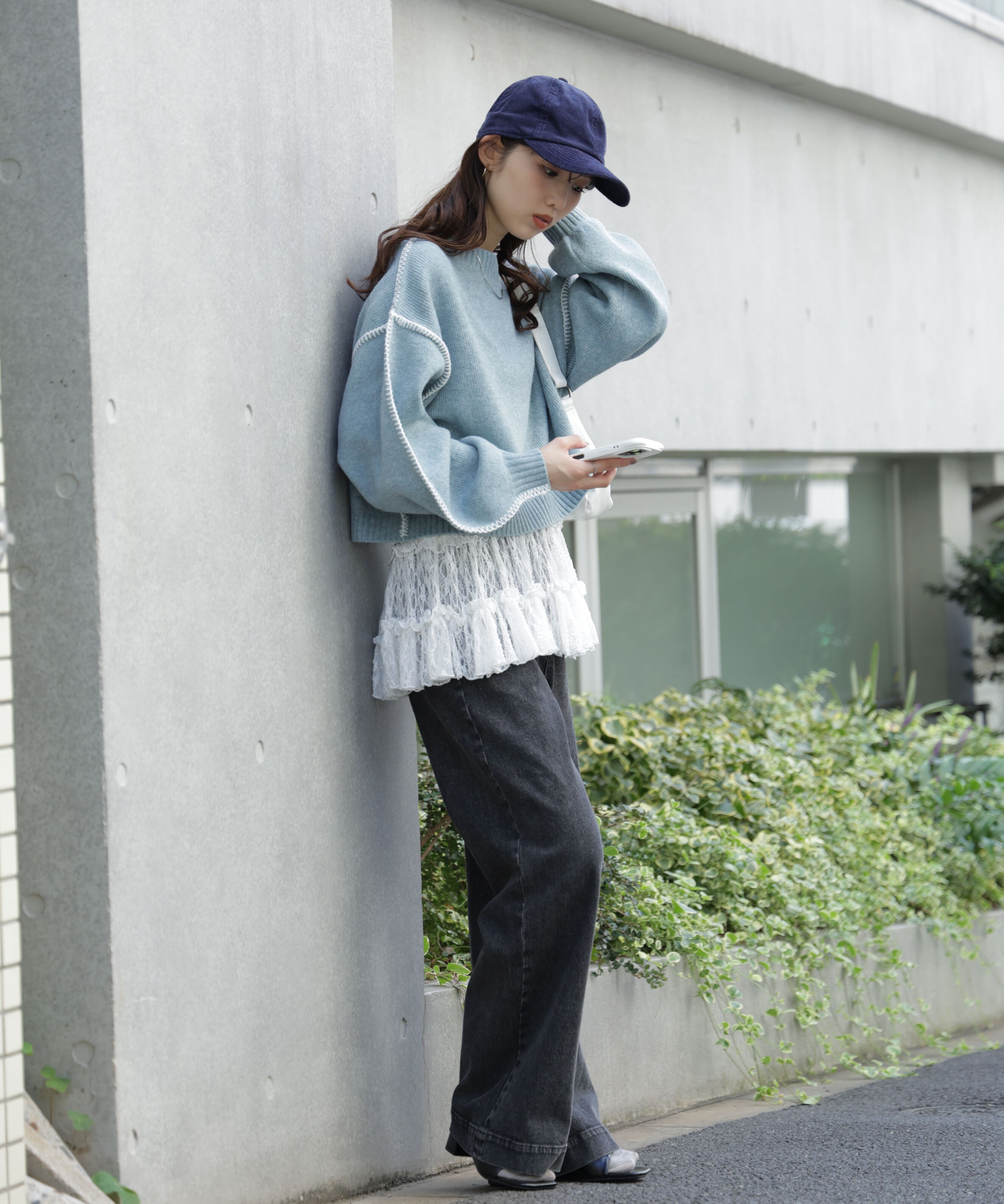  「杢ストレッチ総針配色ステッチニット」|ニット・セーター|