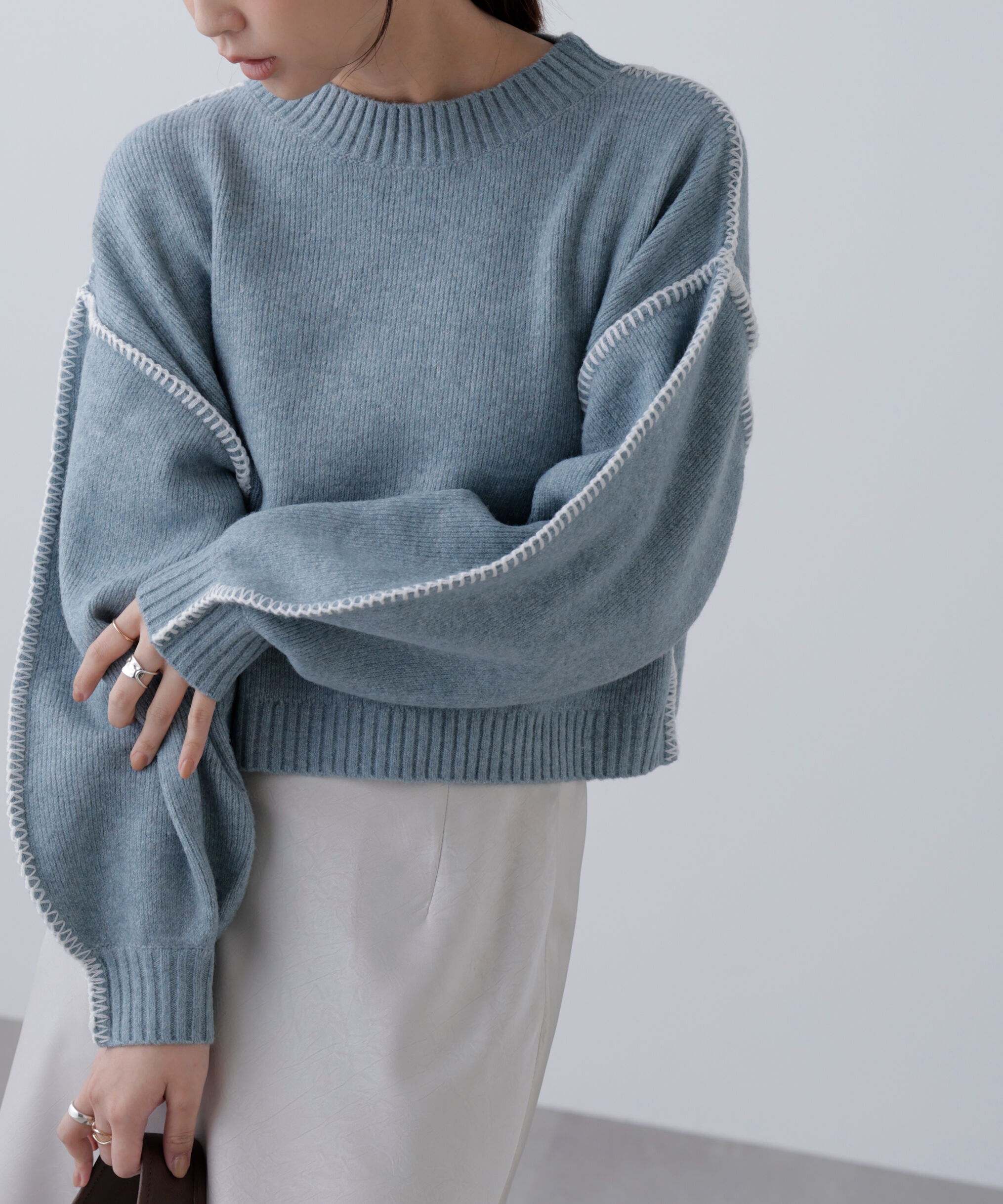  「杢ストレッチ総針配色ステッチニット」|ニット・セーター|