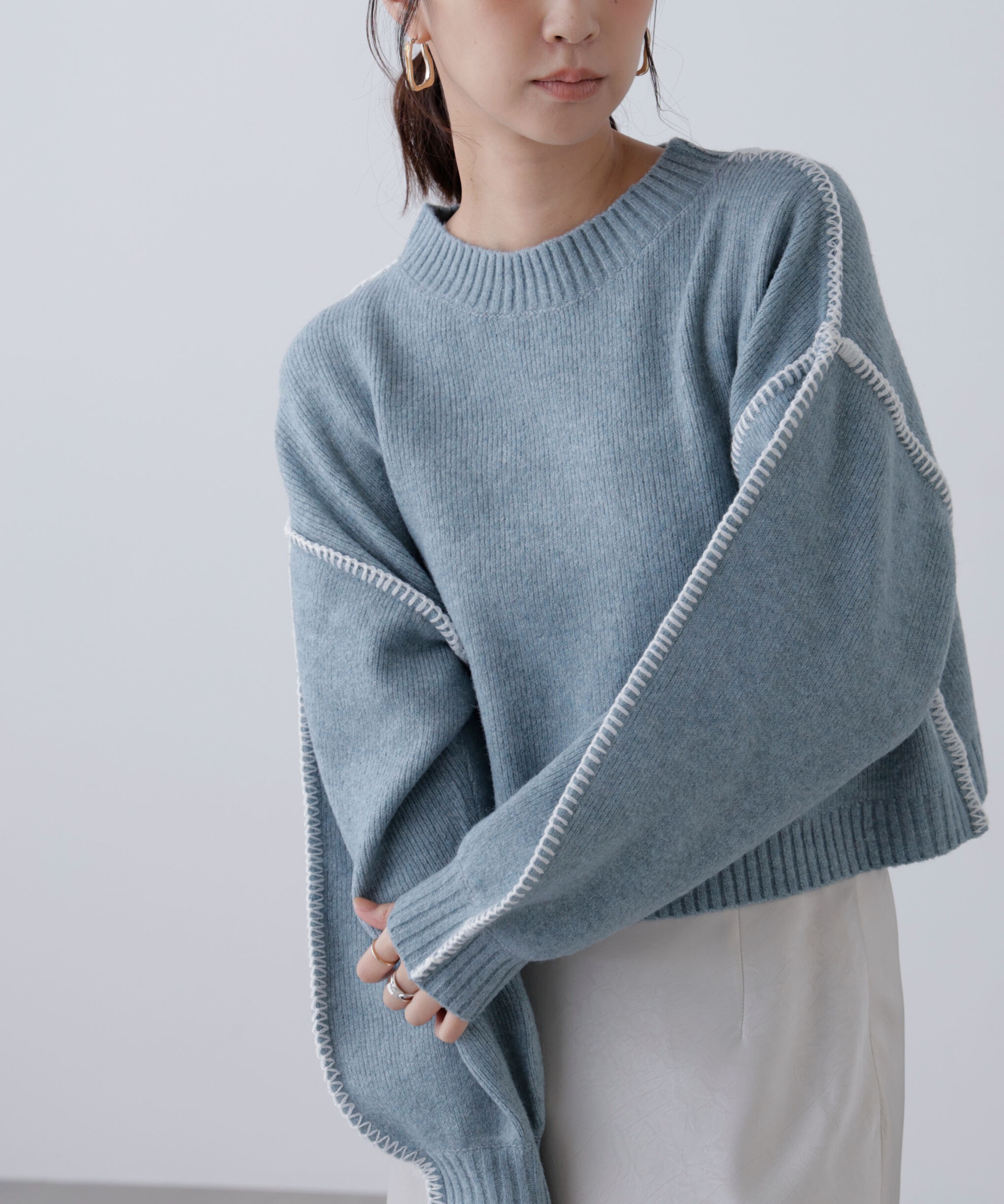  「杢ストレッチ総針配色ステッチニット」|ニット・セーター|