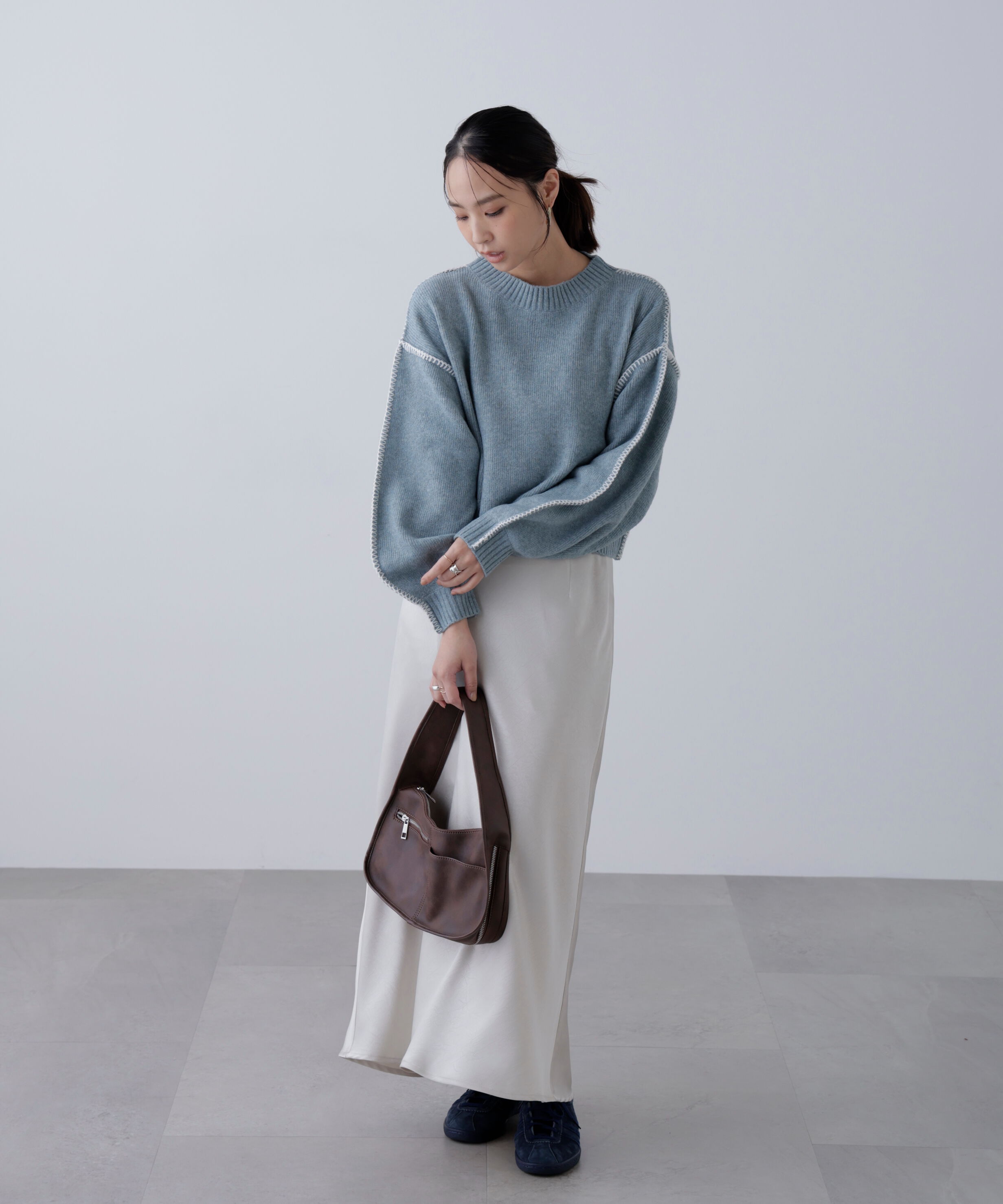  「杢ストレッチ総針配色ステッチニット」|ニット・セーター|