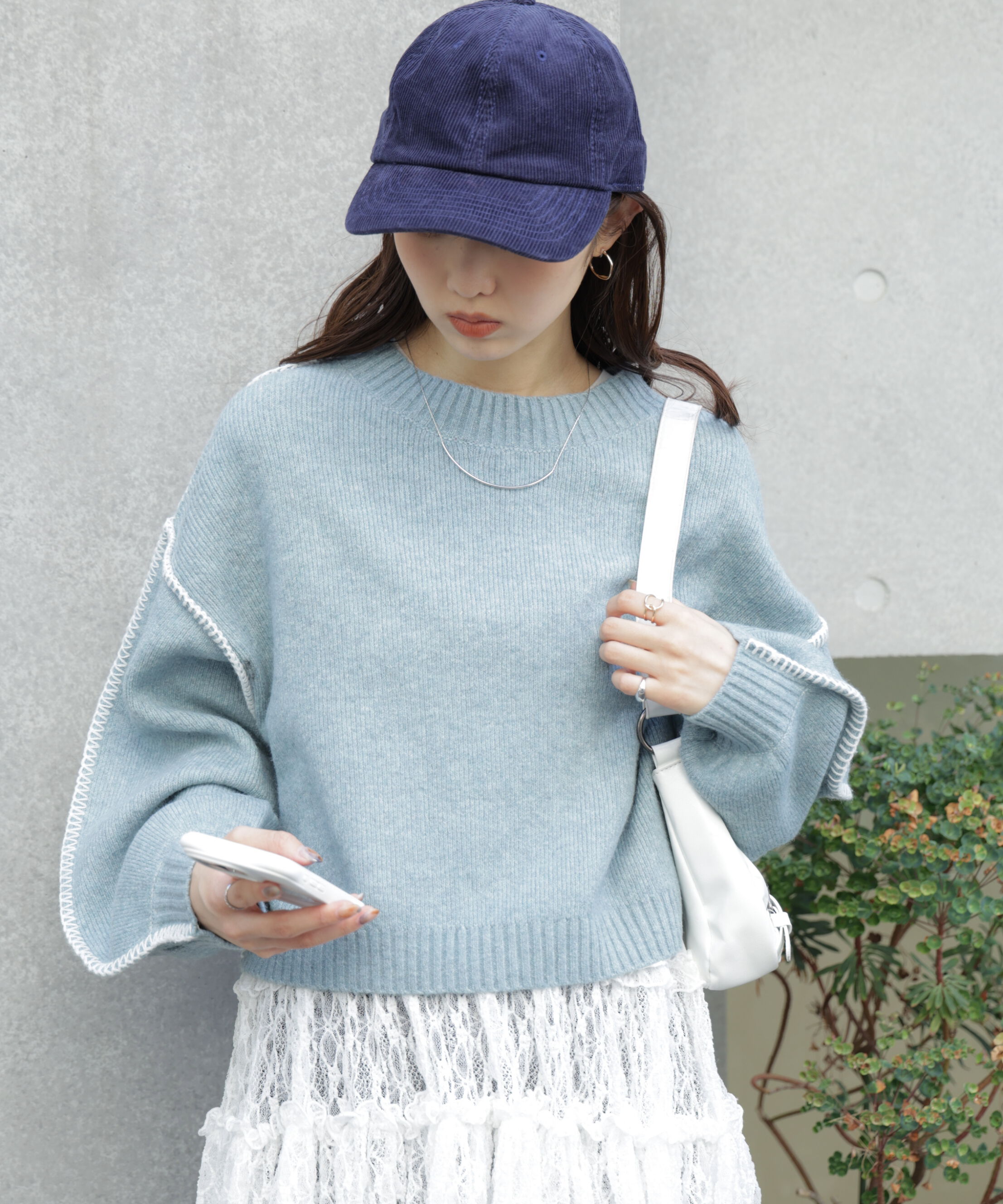  「杢ストレッチ総針配色ステッチニット」|ニット・セーター|