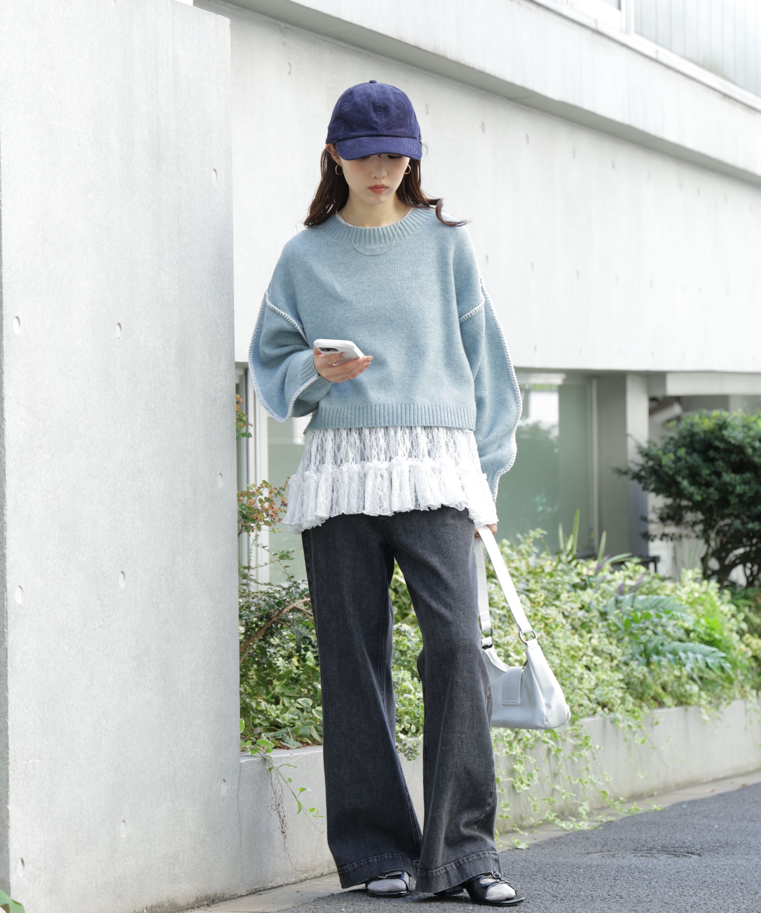  「杢ストレッチ総針配色ステッチニット」|ニット・セーター|