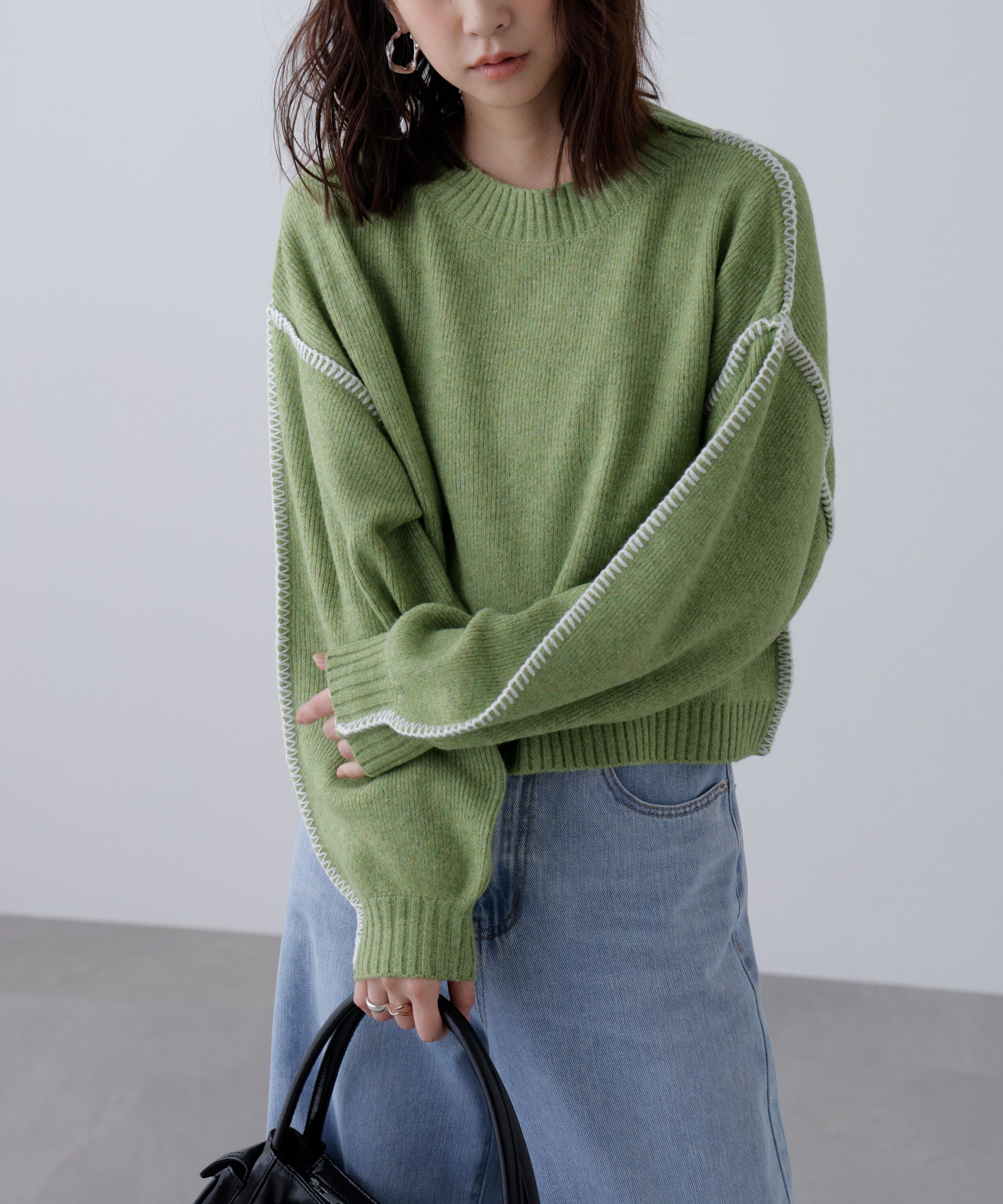  「杢ストレッチ総針配色ステッチニット」|ニット・セーター|