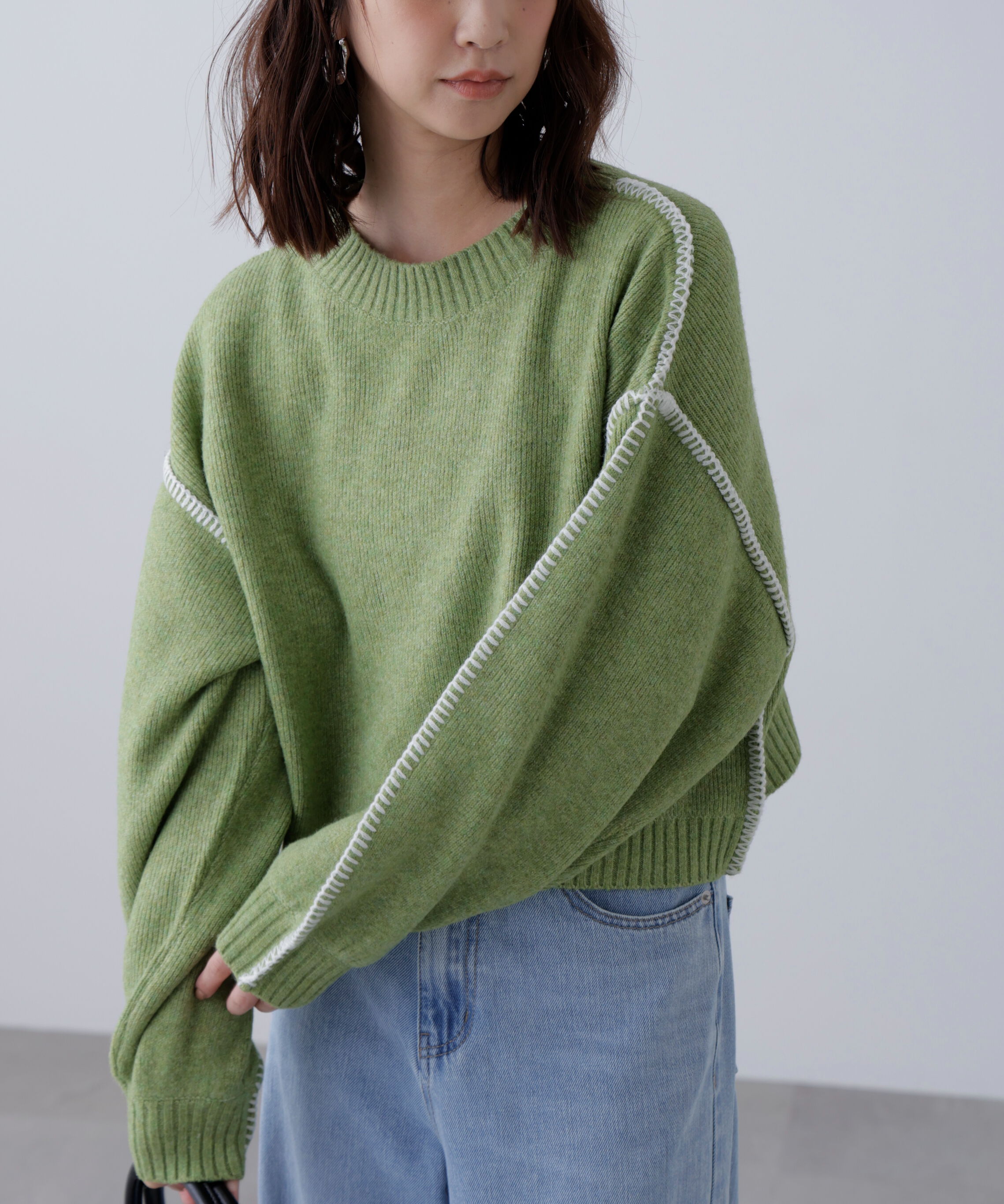  「杢ストレッチ総針配色ステッチニット」|ニット・セーター|