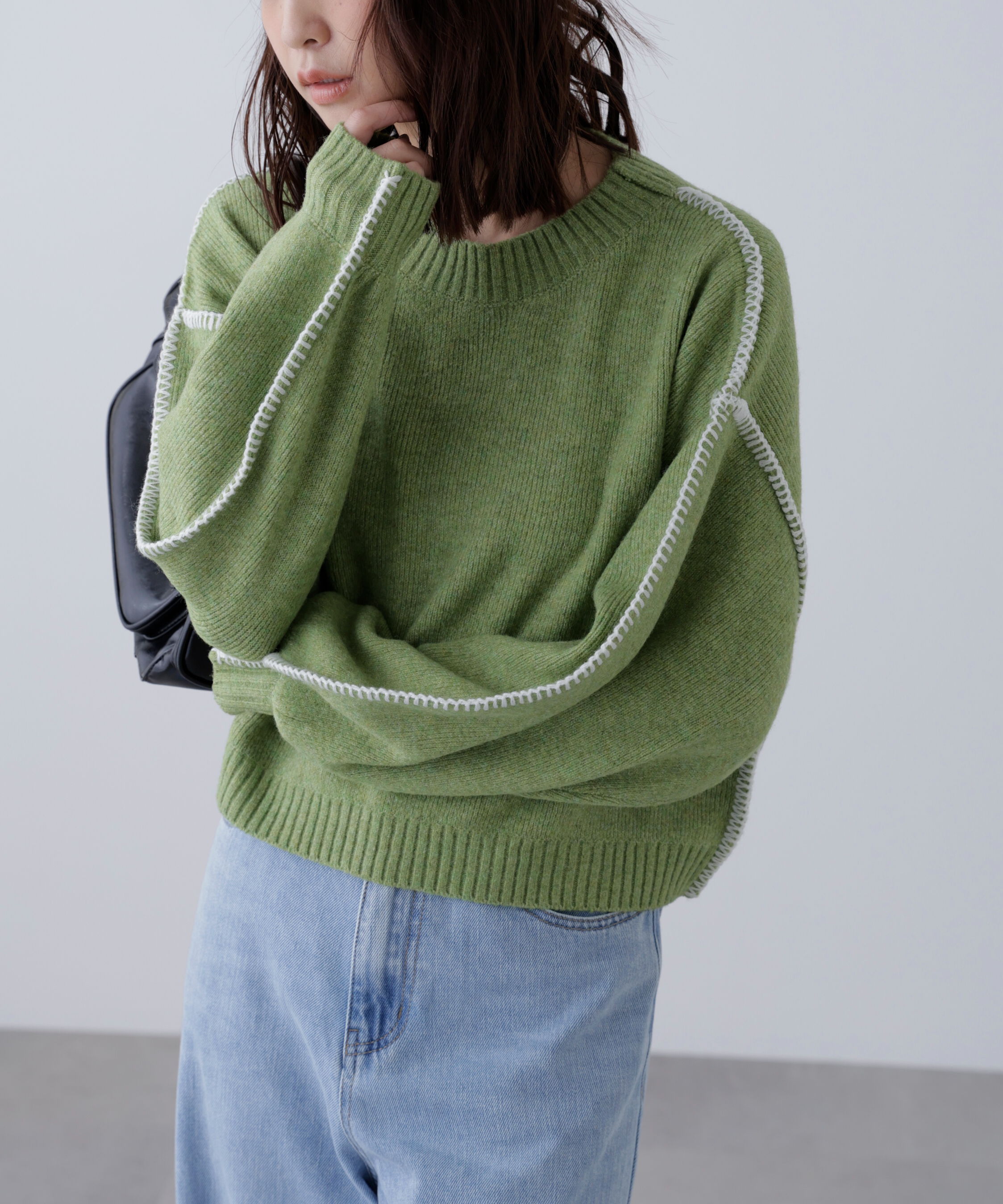  「杢ストレッチ総針配色ステッチニット」|ニット・セーター|