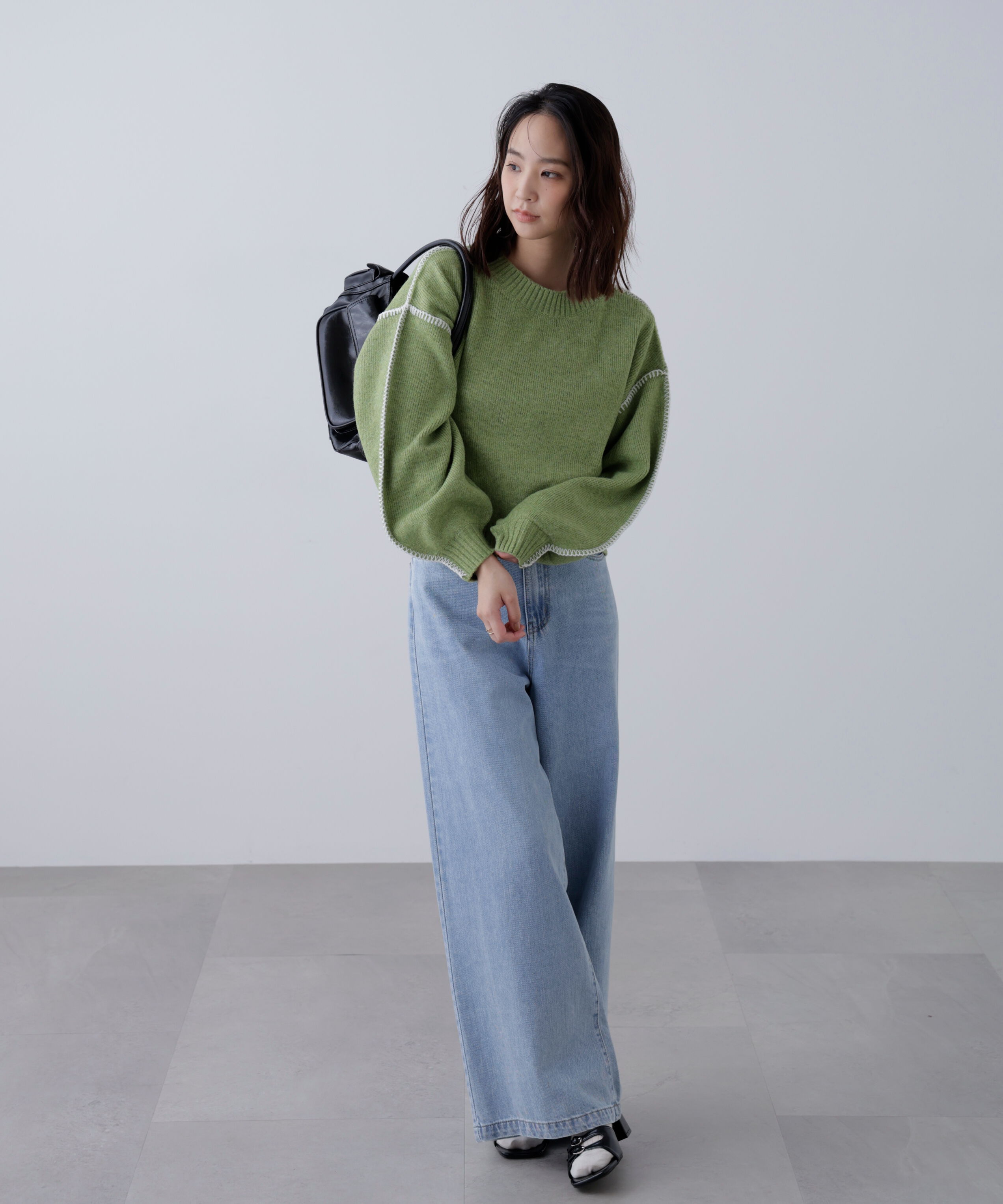  「杢ストレッチ総針配色ステッチニット」|ニット・セーター|