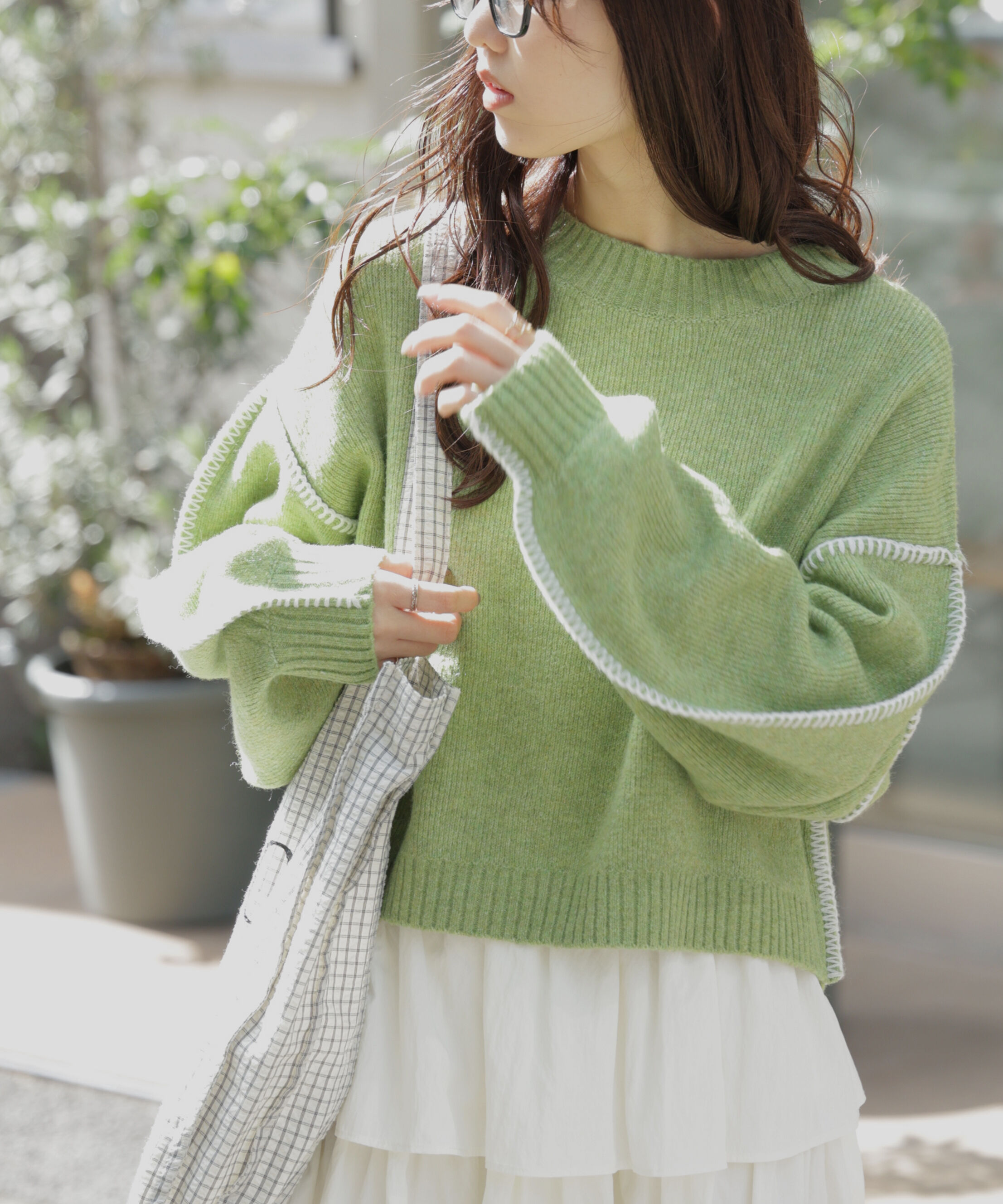  「杢ストレッチ総針配色ステッチニット」|ニット・セーター|