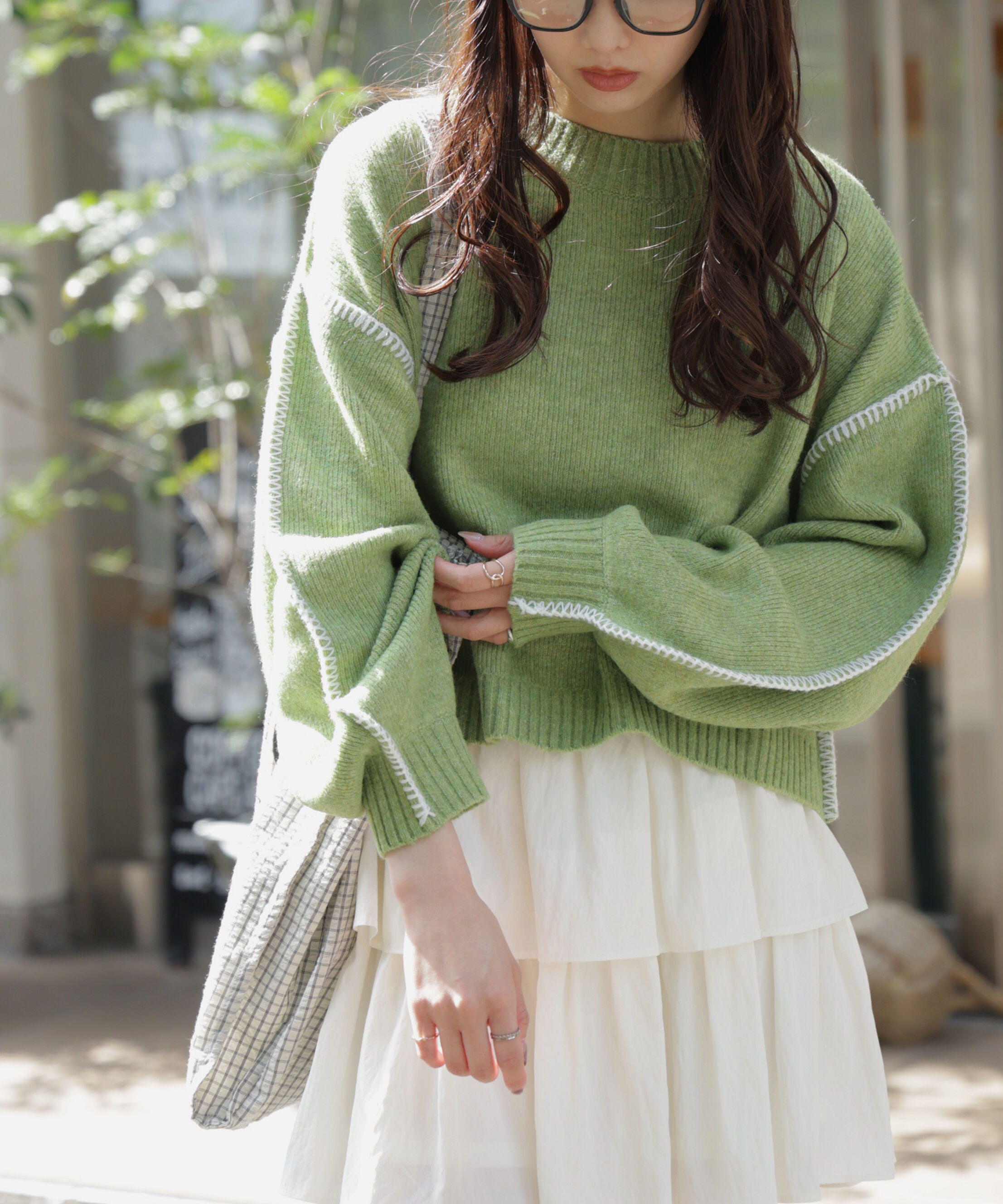  「杢ストレッチ総針配色ステッチニット」|ニット・セーター|