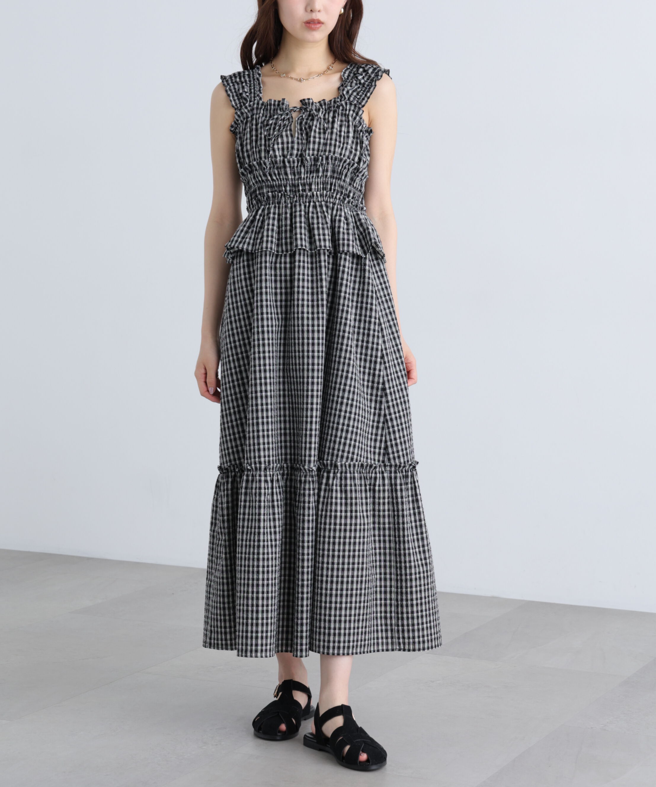  「シャーリングティアードチェックキャミワンピース」|ワンピース|