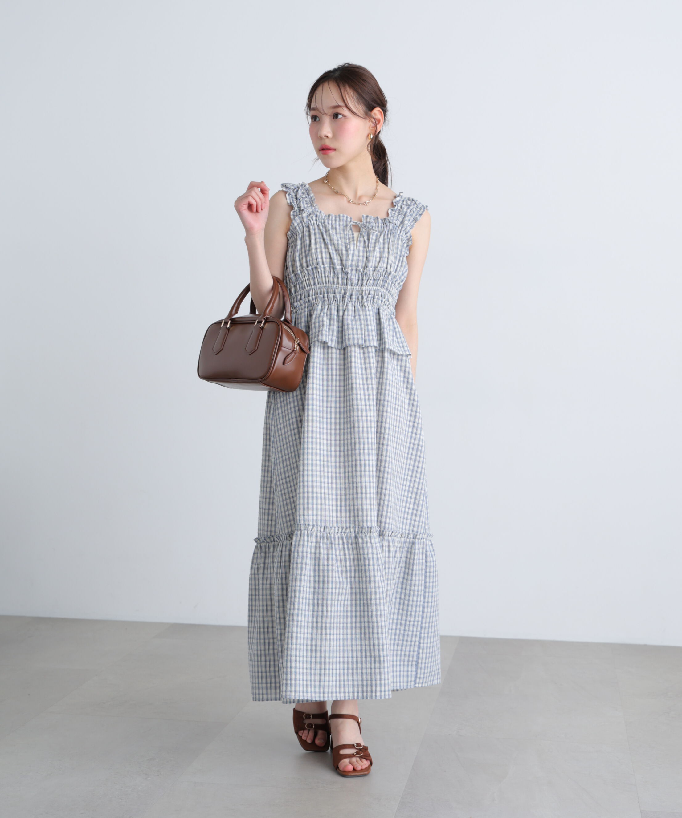  「シャーリングティアードチェックキャミワンピース」|ワンピース|