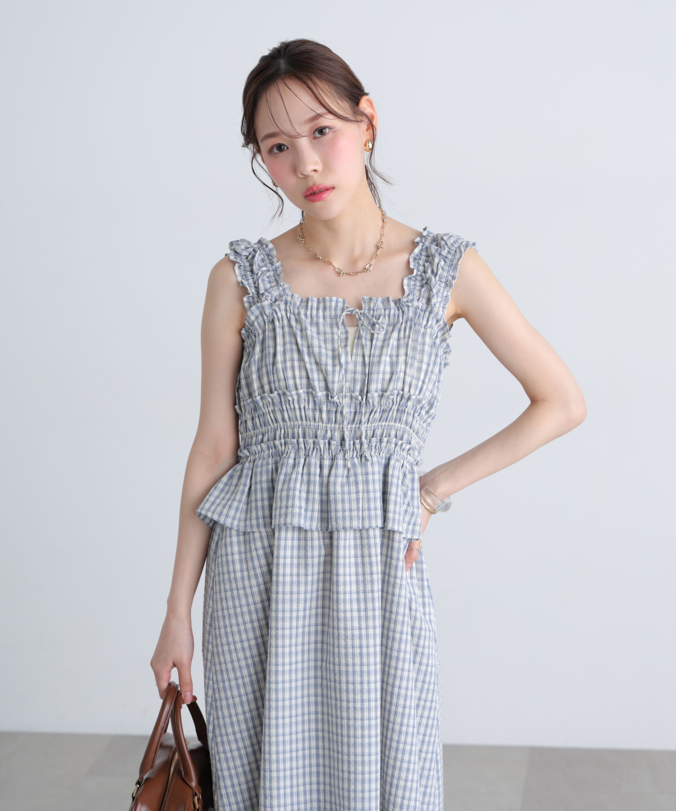  「シャーリングティアードチェックキャミワンピース」|ワンピース|