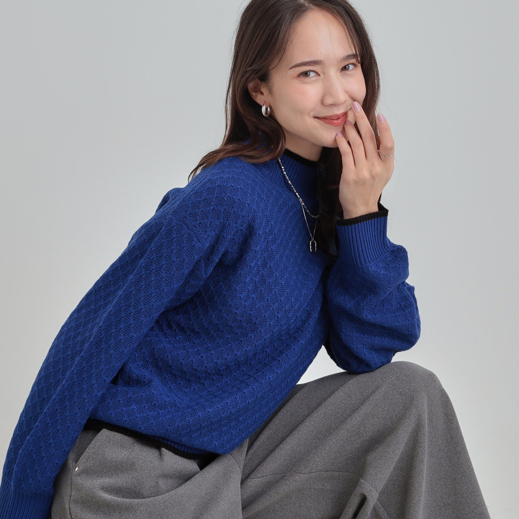 SHOO･LA･RUE「【洗濯機可/毛玉レス】配色がアクセント ダイヤ柄ゆるニット」|ニット・セーター|ブルー(093)