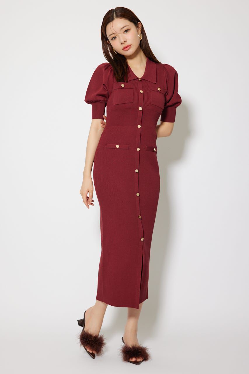 rienda「パフスリーブニットタイトワンピース」|ワンピース|RED