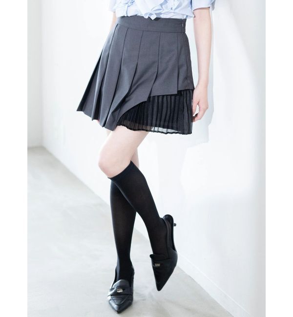 MERCURYDUO「異素材切替プリーツミニスカパン」|スカート|チャコールグレー