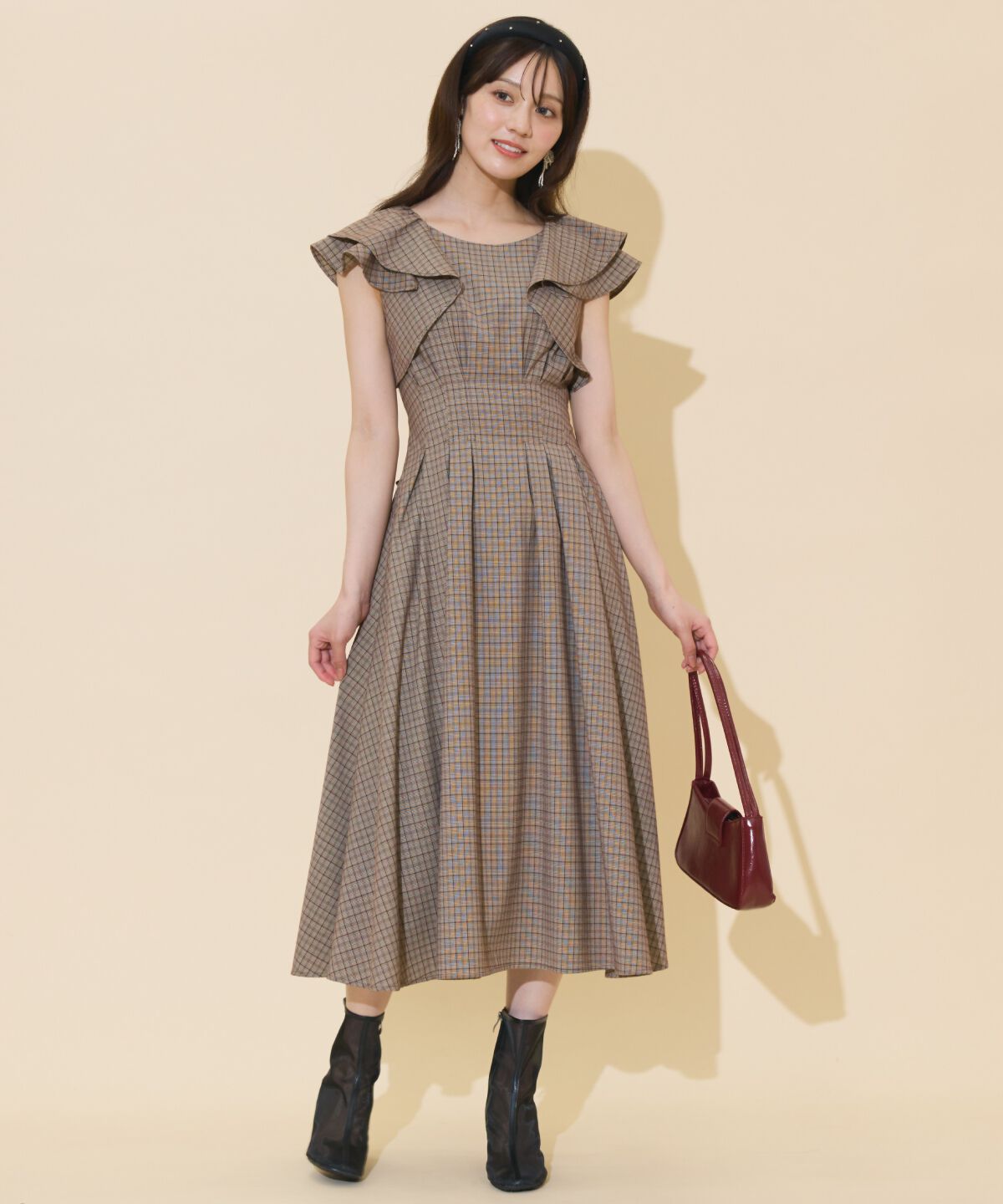 WILLSELECTION「ラッフルスリーブバックリボンワンピース」|ワンピース|茶系チェック
