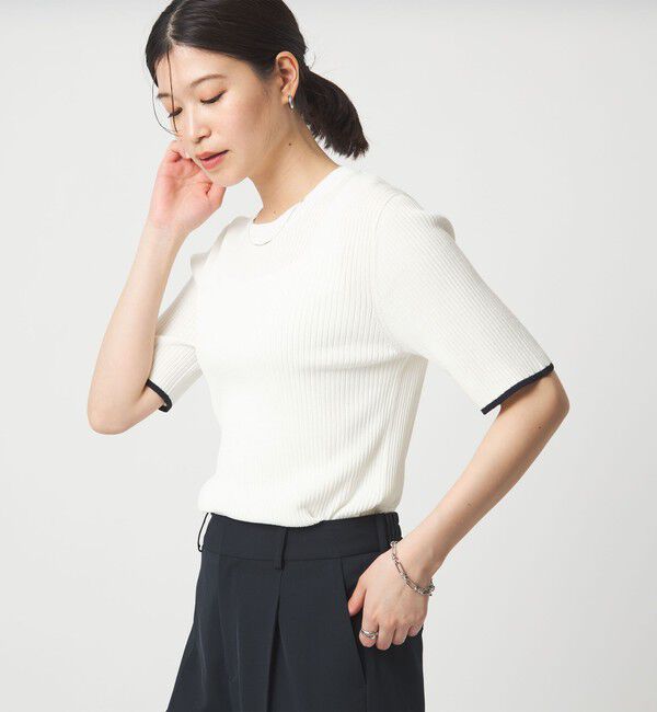 UNITED ARROWS green label relaxing「【WEB限定】＜at ease＞ソデサキ バイカラー 5分袖 プルオーバー ニット」|ニット・セーター|