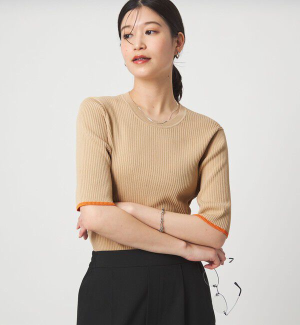 UNITED ARROWS green label relaxing「【WEB限定】＜at ease＞ソデサキ バイカラー 5分袖 プルオーバー ニット」|ニット・セーター|BEIGE