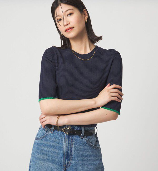 UNITED ARROWS green label relaxing「【WEB限定】＜at ease＞ソデサキ バイカラー 5分袖 プルオーバー ニット」|ニット・セーター|NAVY