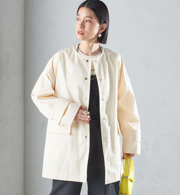 SHIPS for women「〈撥水加工/手洗い可能〉綿 ナイロン ギャバ ノーカラー ミディ コート 24SS ◇」|ノーカラーコート|