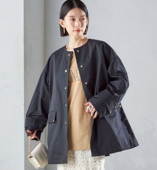 SHIPS for women「〈撥水加工/手洗い可能〉綿 ナイロン ギャバ ノーカラー ミディ コート 24SS ◇」|ノーカラーコート|