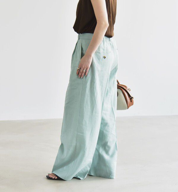 quaranciel「quaranciel:〈洗濯機可能〉リネン ミックス ワイド タック イージー パンツ」|スラックス|ライトグリーン