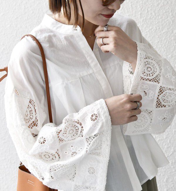 SHIPS any「SHIPS any:〈手洗い可能〉パッチワーク レース スリーブ バンドカラー シャツ」|シャツ・ブラウス|