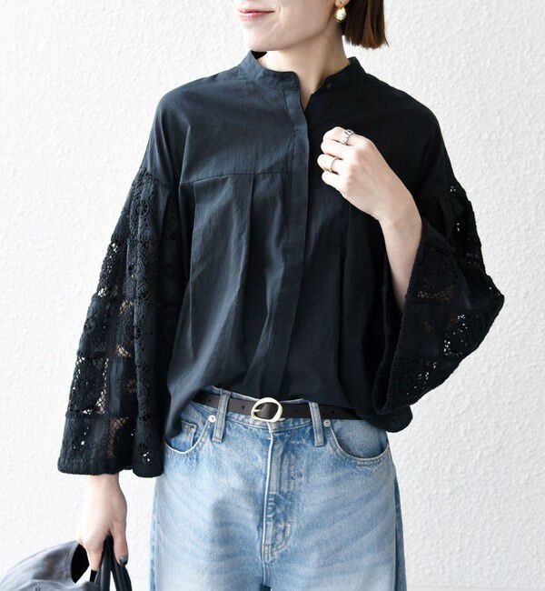 SHIPS any「SHIPS any:〈手洗い可能〉パッチワーク レース スリーブ バンドカラー シャツ」|シャツ・ブラウス|