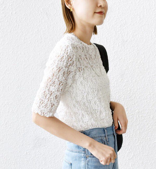 SHIPS for women「〈手洗い可能〉ラッセル レース クルーネック 5分袖 カットソー」|Tシャツ・カットソー|