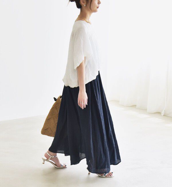 quaranciel「quaranciel:〈洗濯機可能〉シアー ストライプ ギャザーフレア スカート & ブラウス セット」|ワンピース|