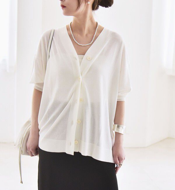 quaranciel「quaranciel:〈接触冷感/手洗い可能〉ワイド Vネック ハーフスリーブ シアー カーディガン」|カーディガン|