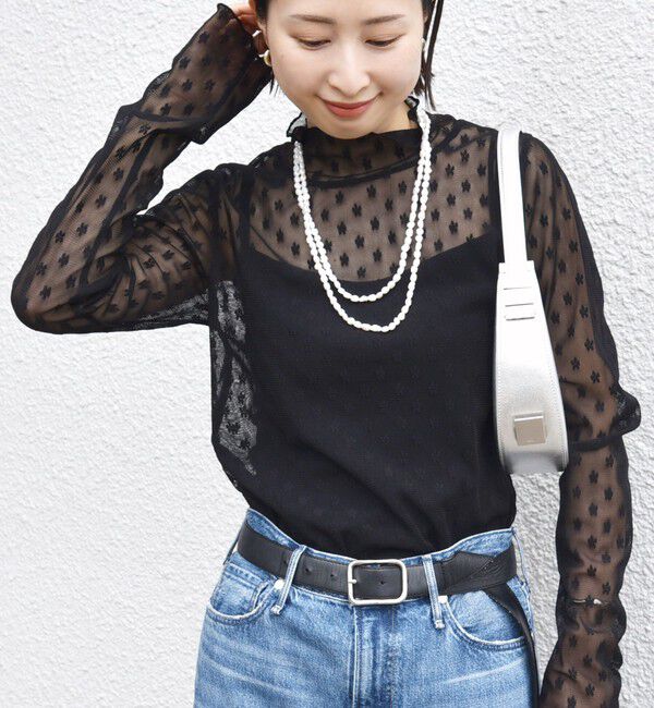 SHIPS for women「〈手洗い可能〉フラワー チュール ハイネック プルオーバー」|Tシャツ・カットソー|ブラック