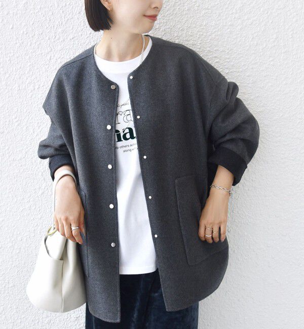 SHIPS for women「セミ 梳毛 配色 リバーシブル ノーカラー ショート コート」|ノーカラーコート|