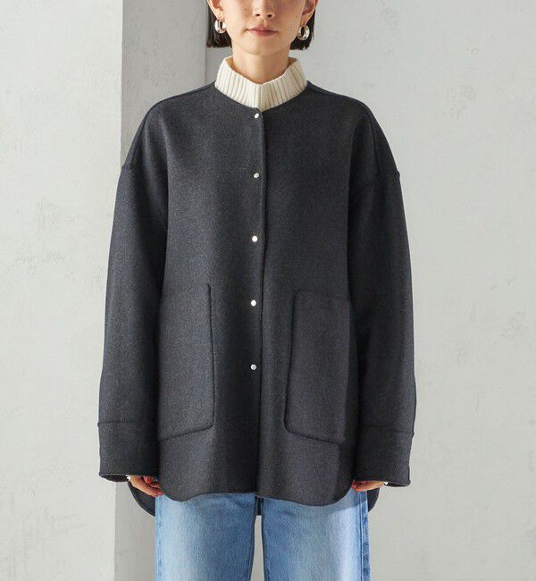 SHIPS for women「セミ 梳毛 配色 リバーシブル ノーカラー ショート コート」|ノーカラーコート|