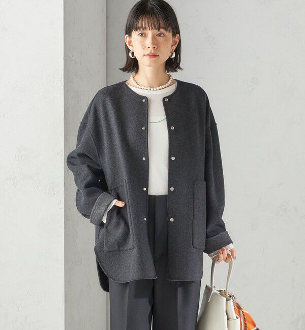 SHIPS for women「セミ 梳毛 配色 リバーシブル ノーカラー ショート コート」|ノーカラーコート|