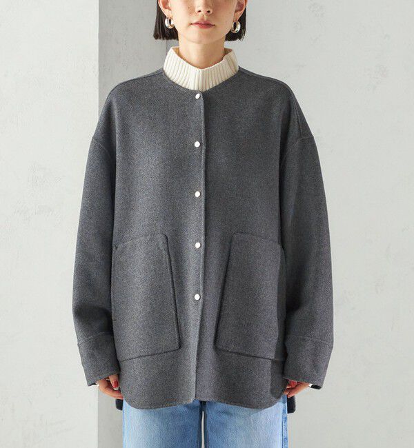 SHIPS for women「セミ 梳毛 配色 リバーシブル ノーカラー ショート コート」|ノーカラーコート|