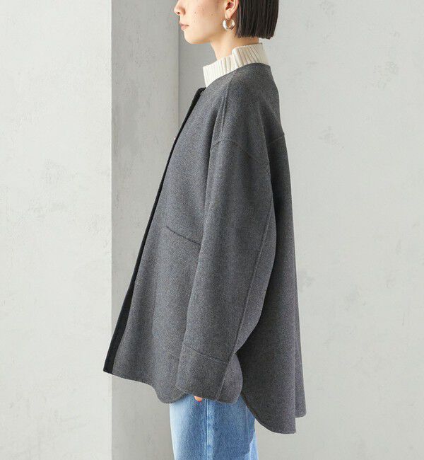 SHIPS for women「セミ 梳毛 配色 リバーシブル ノーカラー ショート コート」|ノーカラーコート|