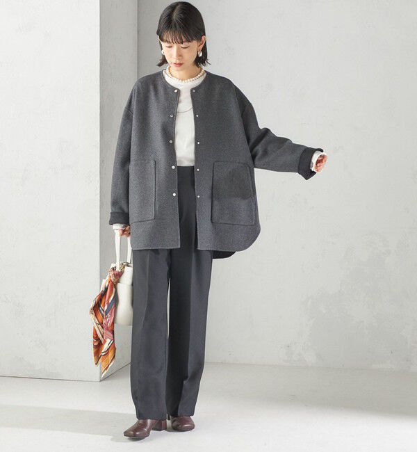 SHIPS for women「セミ 梳毛 配色 リバーシブル ノーカラー ショート コート」|ノーカラーコート|