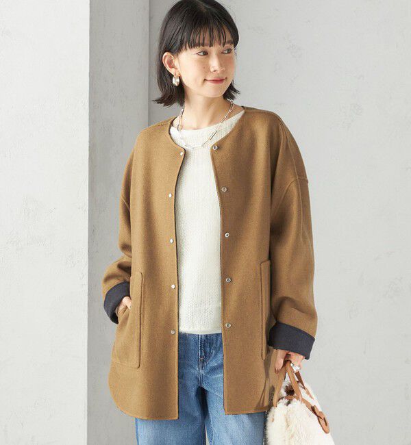 SHIPS for women「セミ 梳毛 配色 リバーシブル ノーカラー ショート コート」|ノーカラーコート|