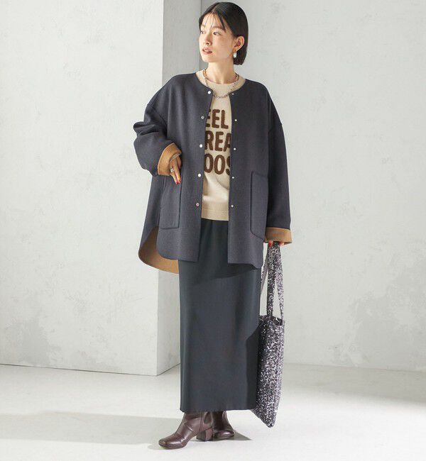 SHIPS for women「セミ 梳毛 配色 リバーシブル ノーカラー ショート コート」|ノーカラーコート|