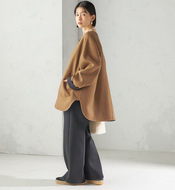 SHIPS for women「セミ 梳毛 配色 リバーシブル ノーカラー ショート コート」|ノーカラーコート|