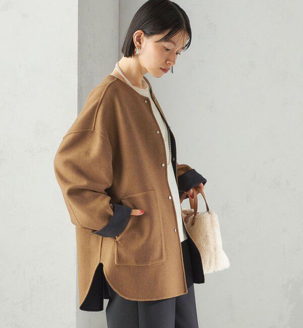 SHIPS for women「セミ 梳毛 配色 リバーシブル ノーカラー ショート コート」|ノーカラーコート|