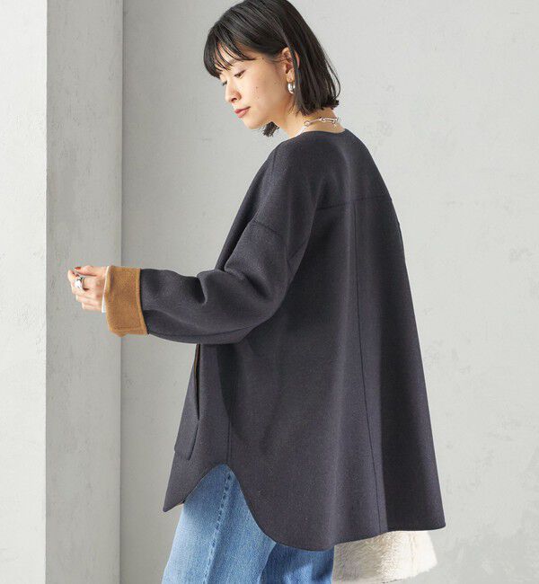 SHIPS for women「セミ 梳毛 配色 リバーシブル ノーカラー ショート コート」|ノーカラーコート|