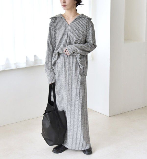 quaranciel「《予約》quaranciel:〈手洗い可能〉ポリエステル ベロア スキッパー ニット &  Iライン スカート」|ワンピース|