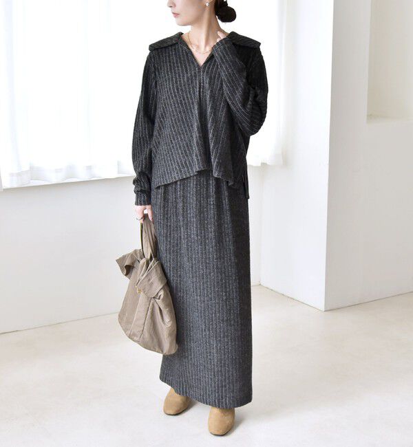 quaranciel「《予約》quaranciel:〈手洗い可能〉ポリエステル ベロア スキッパー ニット &  Iライン スカート」|ワンピース|