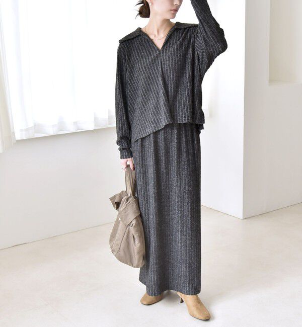 quaranciel「《予約》quaranciel:〈手洗い可能〉ポリエステル ベロア スキッパー ニット &  Iライン スカート」|ワンピース|