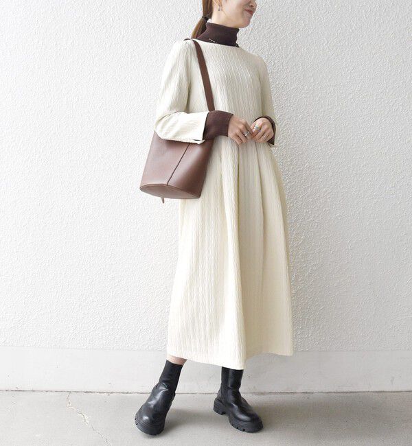 SHIPS any「SHIPS any:〈手洗い可能〉ジャカード ウエスト タック ノーカラー ワンピース［NAVY BLUE］」|ワンピース|